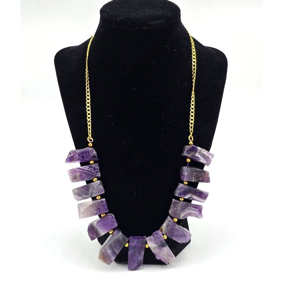 Stauer Jewelry - Stauer Amethyst Crystal Raw Point Bib Necklace Gold-Electroplated Spacers